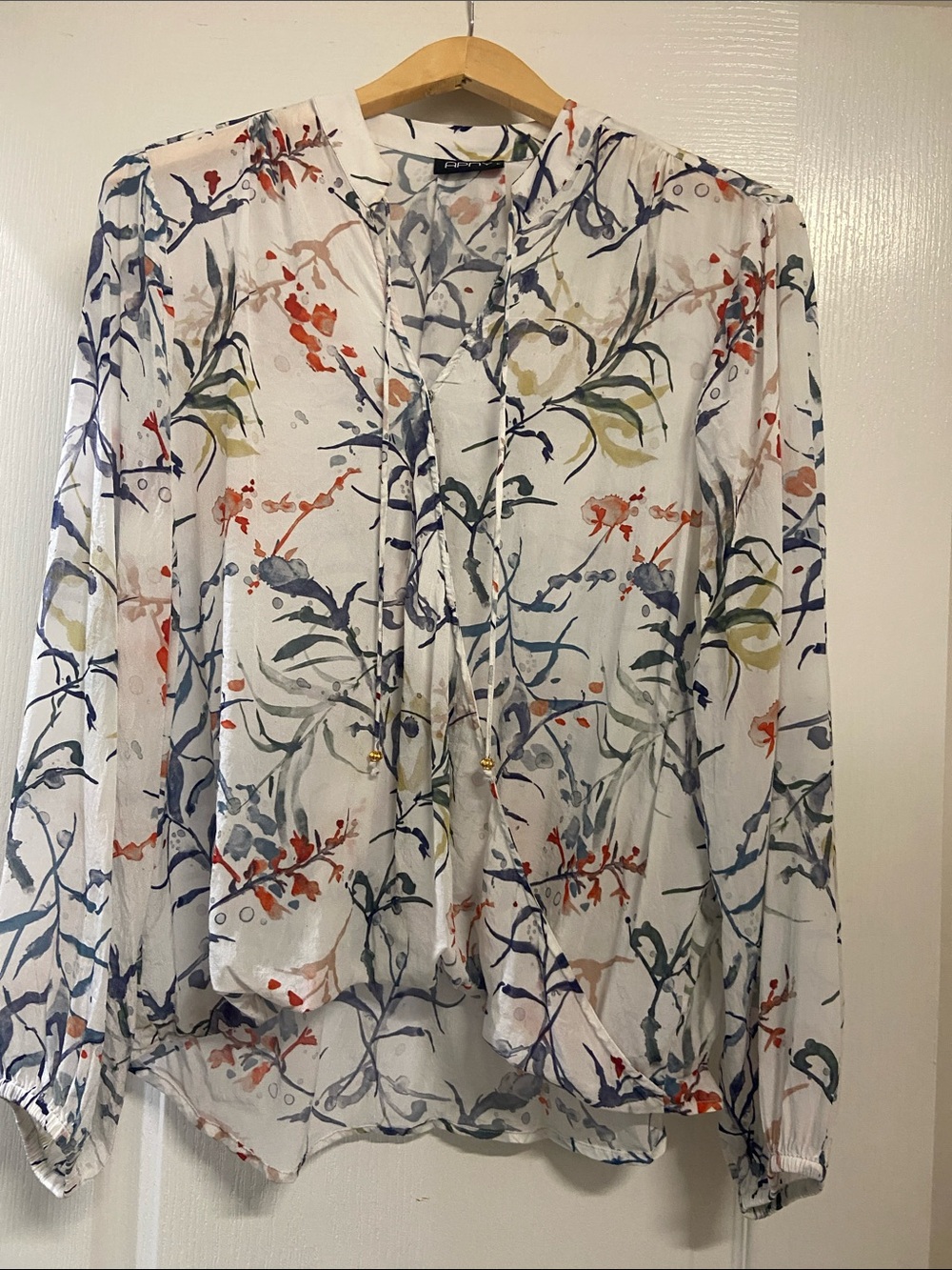 APNY Floral Tie-Neck Blouse in White with Multicolor Watercolor Print
